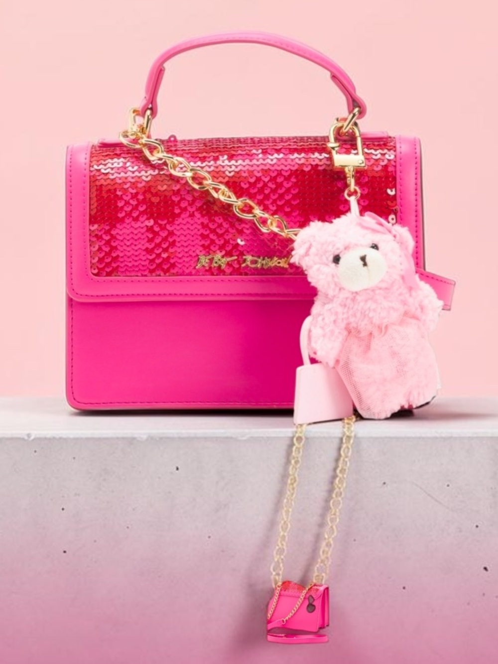 BETSEY Johnson MYLO PINK SEQUIN satchel CROSSBODY BAG pink teddy BEAR bag CHARM - Picture 8 of 13